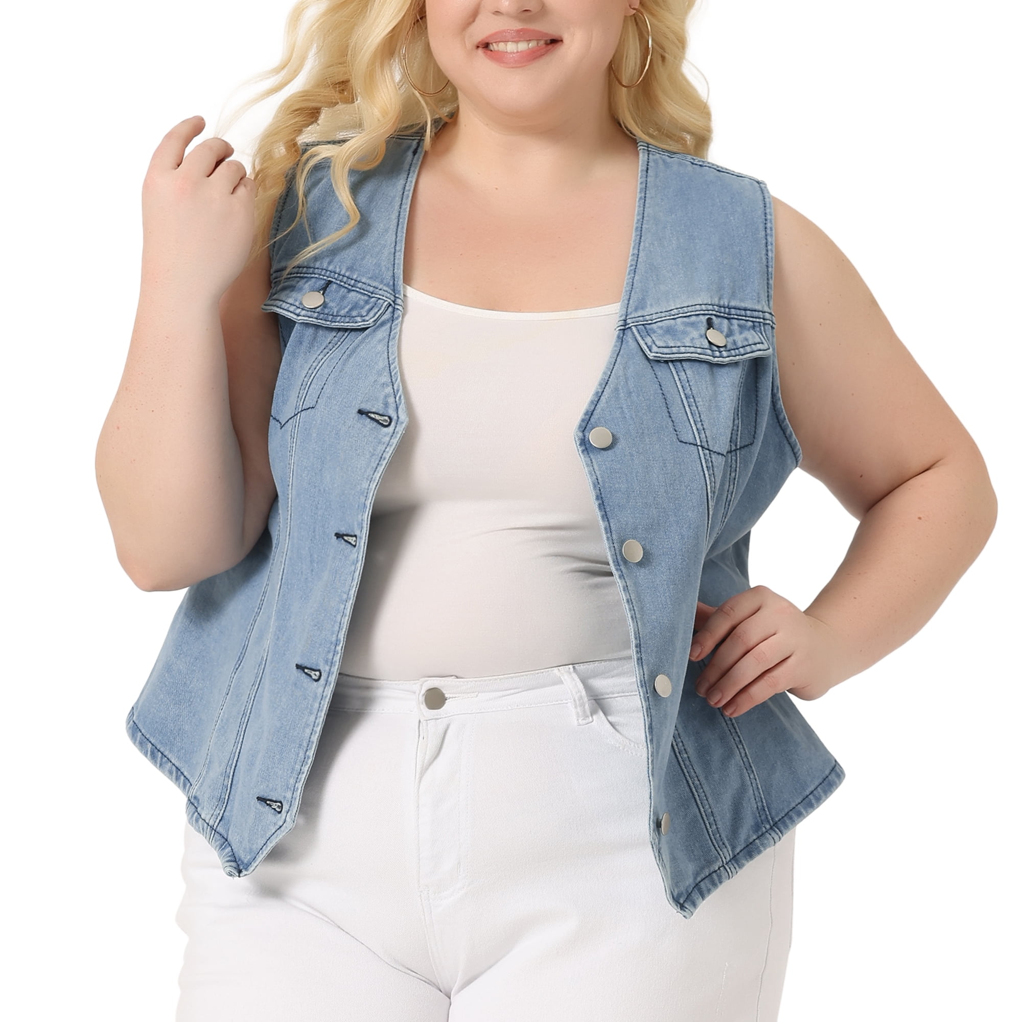 DARING DIVA Women's Plus Size V Neck Sleeveless Utility Denim Vests 1X Light Blue