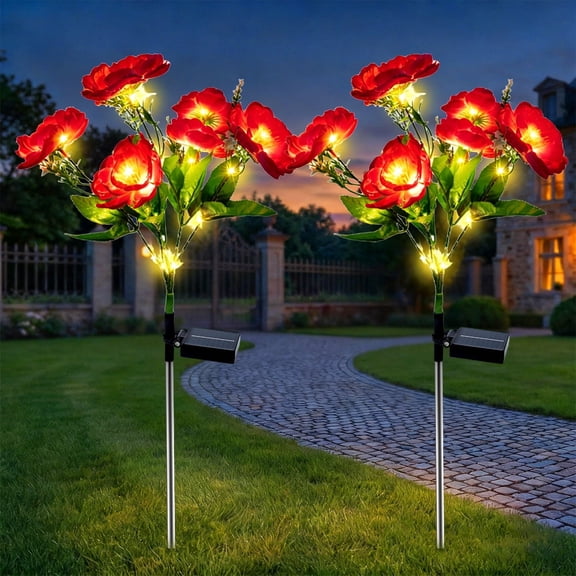 Rirool Solar Camellia Flower Garden Stake Lights, 7 Heads Outdoor Solar Lights Waterproof, Warm White Decorative Lights for Yard Lawn Patio Pathway, Red 2 Pack