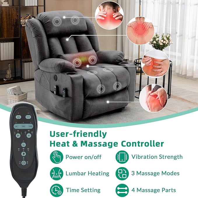 VIVIJASON Tall Man Dual Motor Power Lift Recliner, Oversized Lay-Flat Sleeper with Extended Footrest, Heat, Massage, Lumbar Pillow & USB/Type-C, Grey