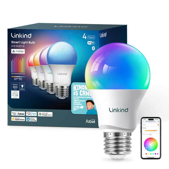 Linkind A19 Matter Smart Light Bulb, Color Changing Smart Bulb, 9W, 800lm, E26 Base, Jimmy Darts Version (4 Pack), 2025 Upgraded