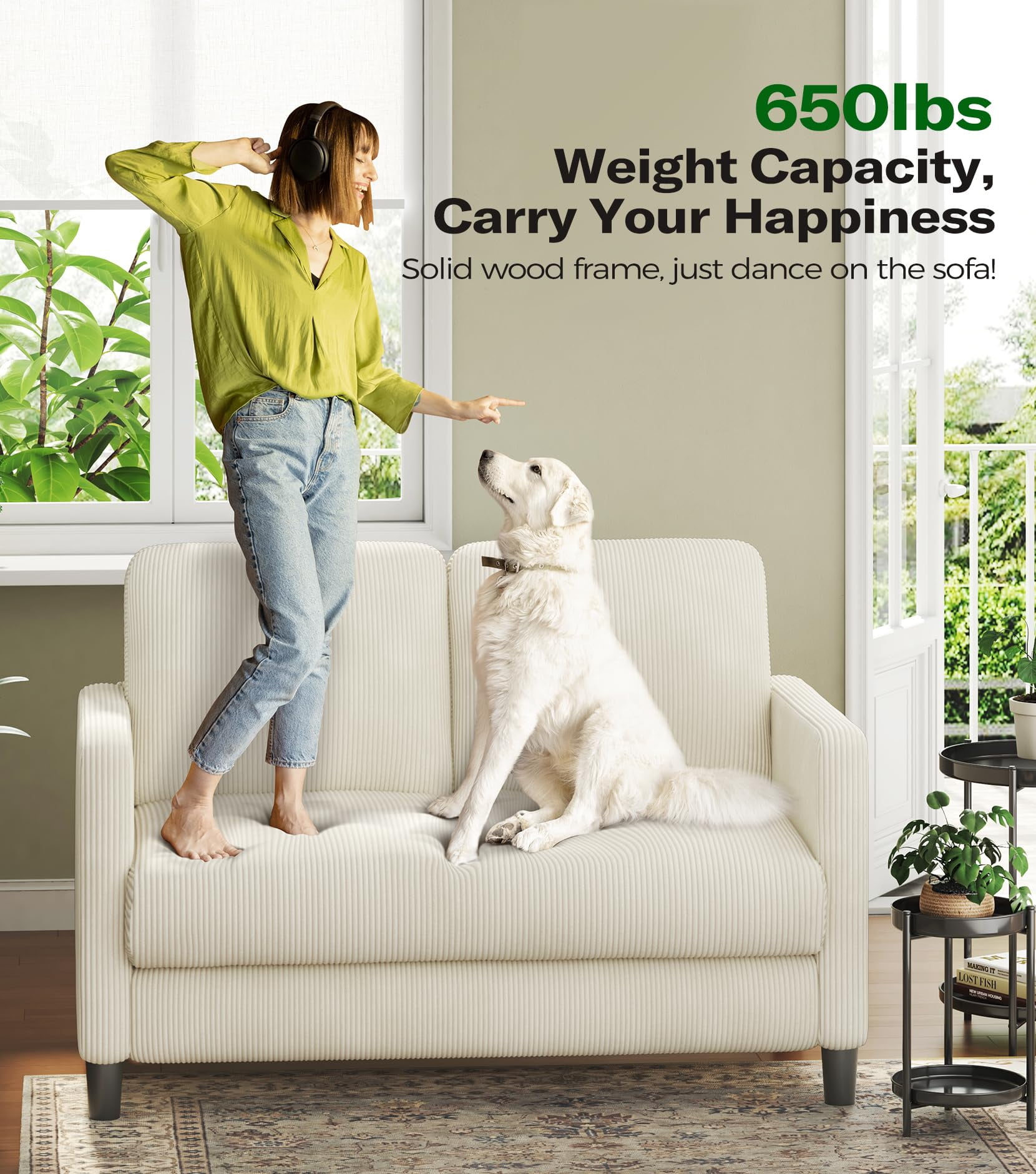 Welzona 51" Corduroy Loveseat Sofa, Small 2-Seater Couch for Small Spaces, Tool-Free Assembly, Off White