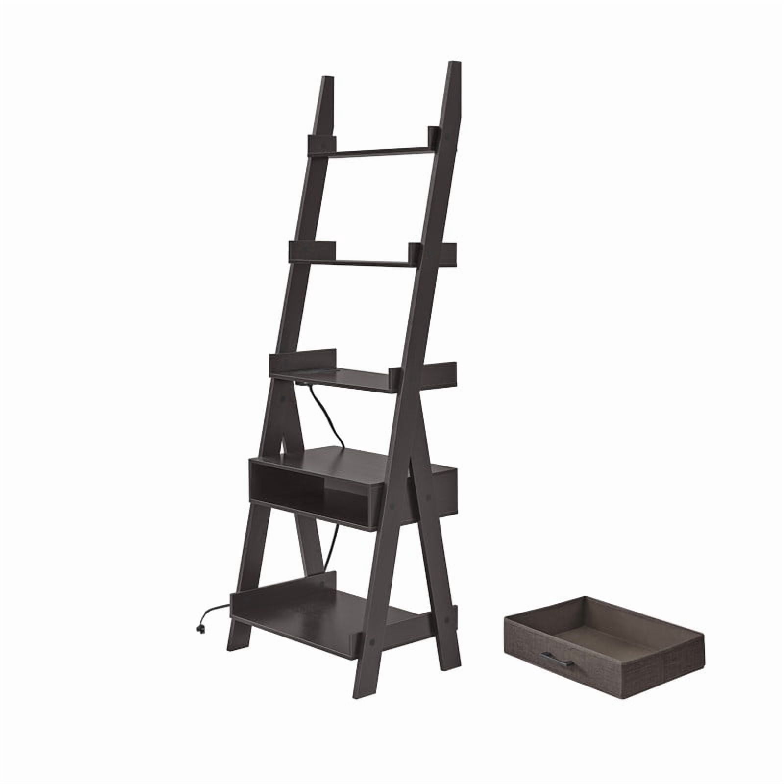 Utopia Alley Ladder Shelf, 5 Tier Ladder Bookshelf with Power Outlet, USB Port, Fast Charging and Drawer, Wood Ladder Shelves, Espresso