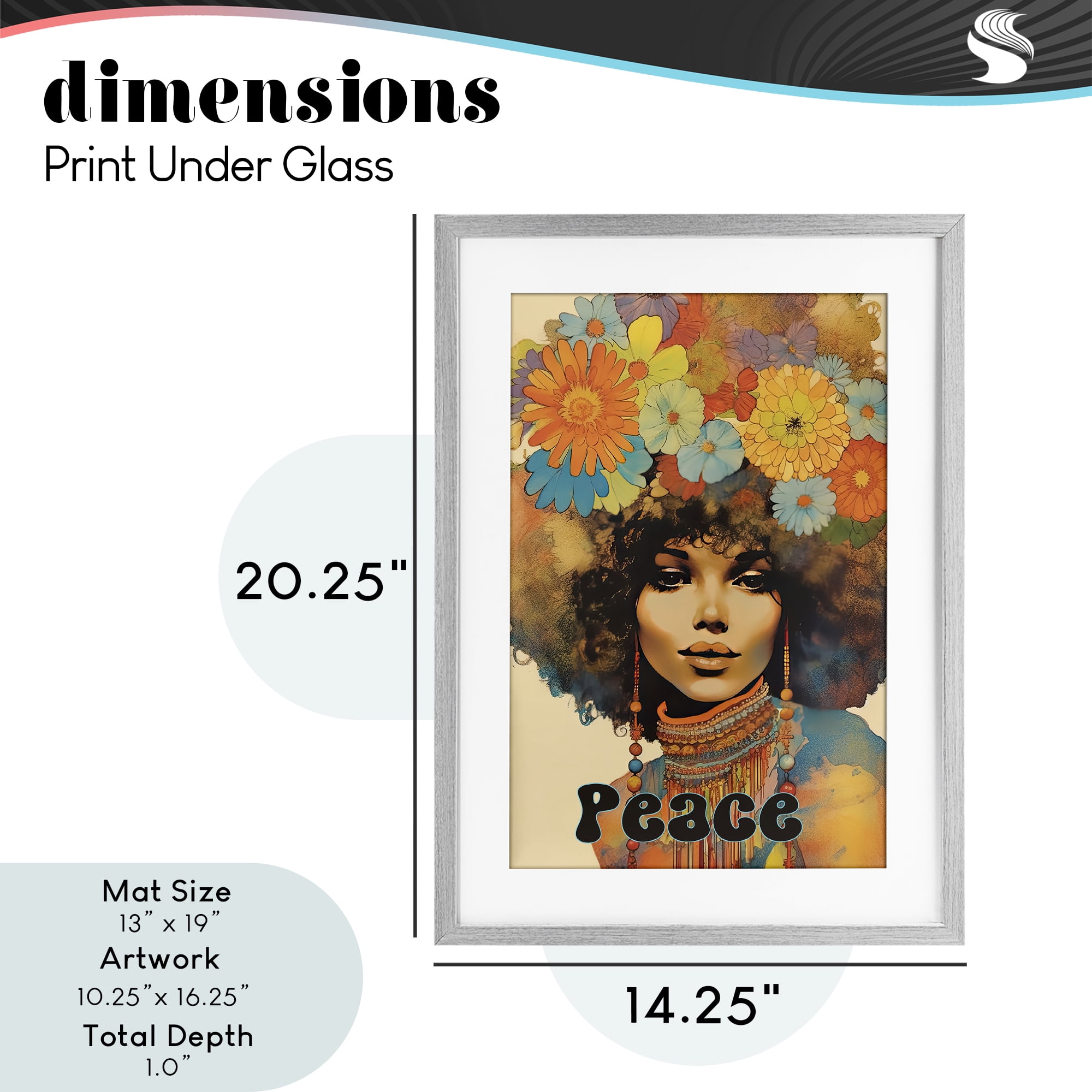 Peace Groovy Afro Girl Gray Framed Print Under Glass, design by Sasha