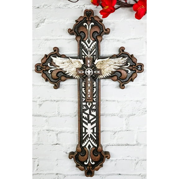 Rustic Western Mayan Aztec Ancient Symbols With Angel Wings Wall Cross Decor