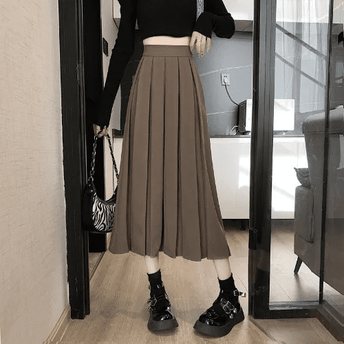 Falda de estilo coreano de longitud media para otoño/invierno 2022, color café, elegante, adelgazante, versátil, prensada, de línea A para mujer