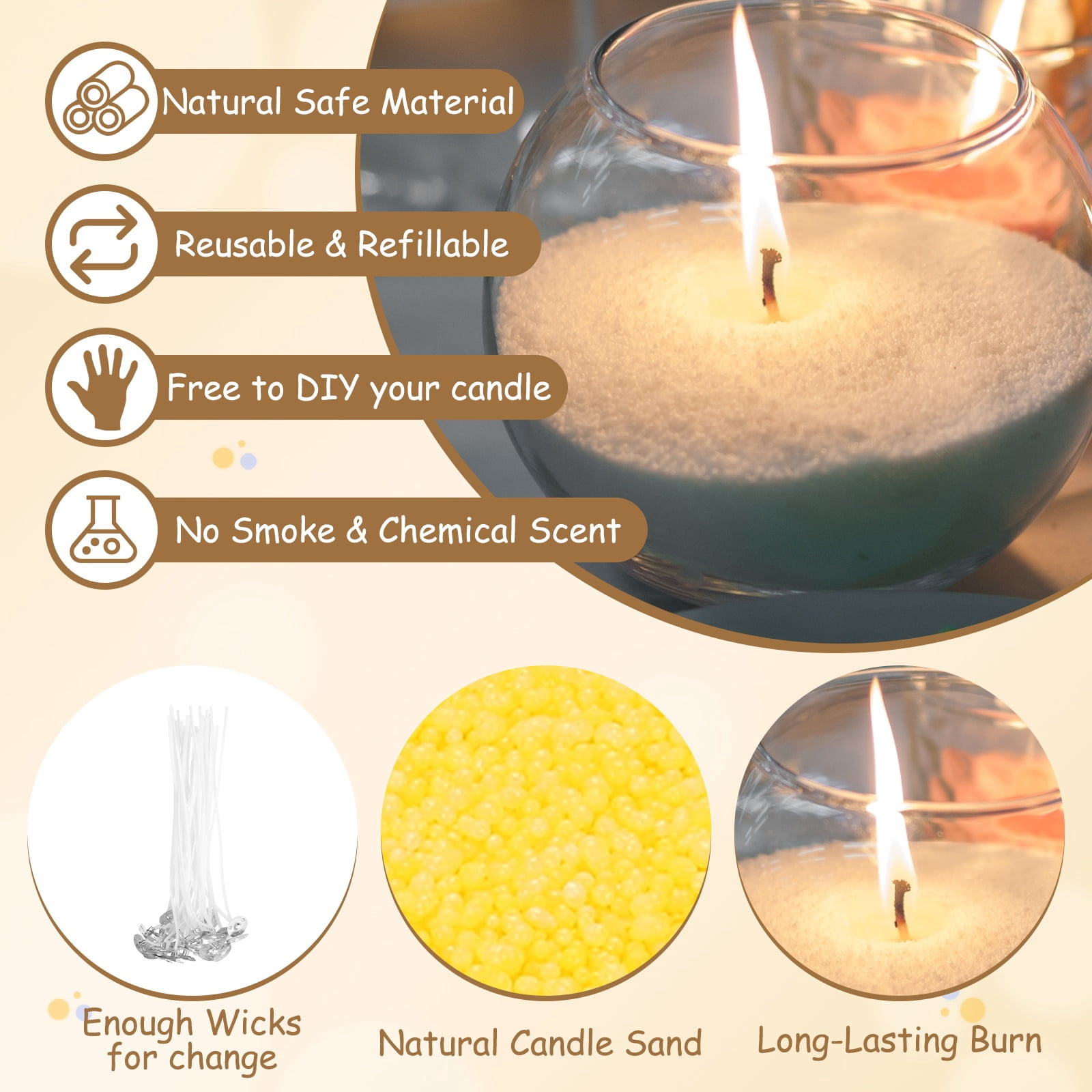 Pearled Sand Candles with 50 Pcs Wicks 21Oz / 600g Candle Beads Refillable Powder Sand Wax Making Kit for Thanksgiving Christmas Wedding Party DIY Home Crafts, Yellow