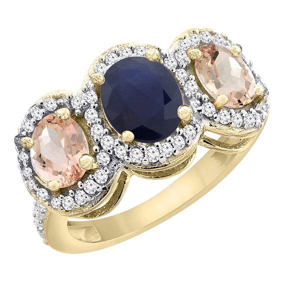 10K Yellow Gold Natural Blue Sapphire & Morganite 3-Stone Ring Oval Diamond Accent, size 7