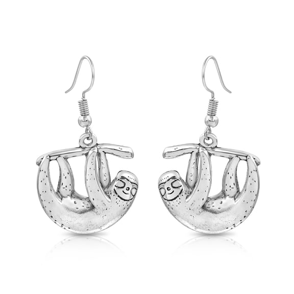 Besheek Antique Silver Sloth Boho Beach Gala Style Dangle Earrings