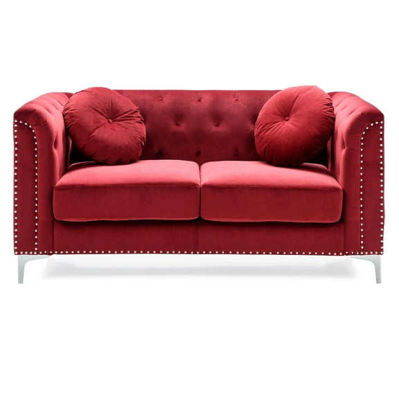 Contemporary Home Living Velvet Button Tufted Loveseat with Throw Pillows - 62" - Red