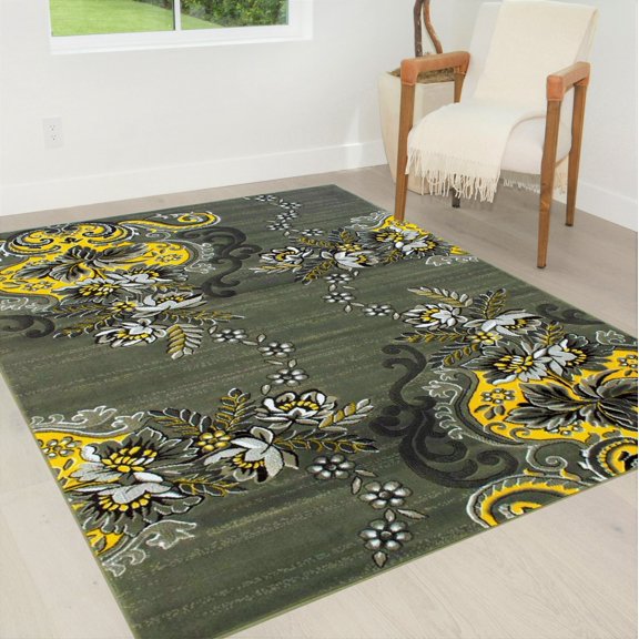 Floral/Swirlls Design Pattern Modern Area Rug Electric Yellow/Grey/Silver/Black-Abstract/Contemporary