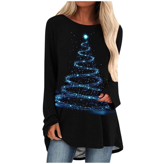 asdoklhq Christmas Cotton Sweaters for Women Casual Long Sleeve Round Neck Pullover Loose Blouse Ethnic Style Printed ShirtsTops Black 2X