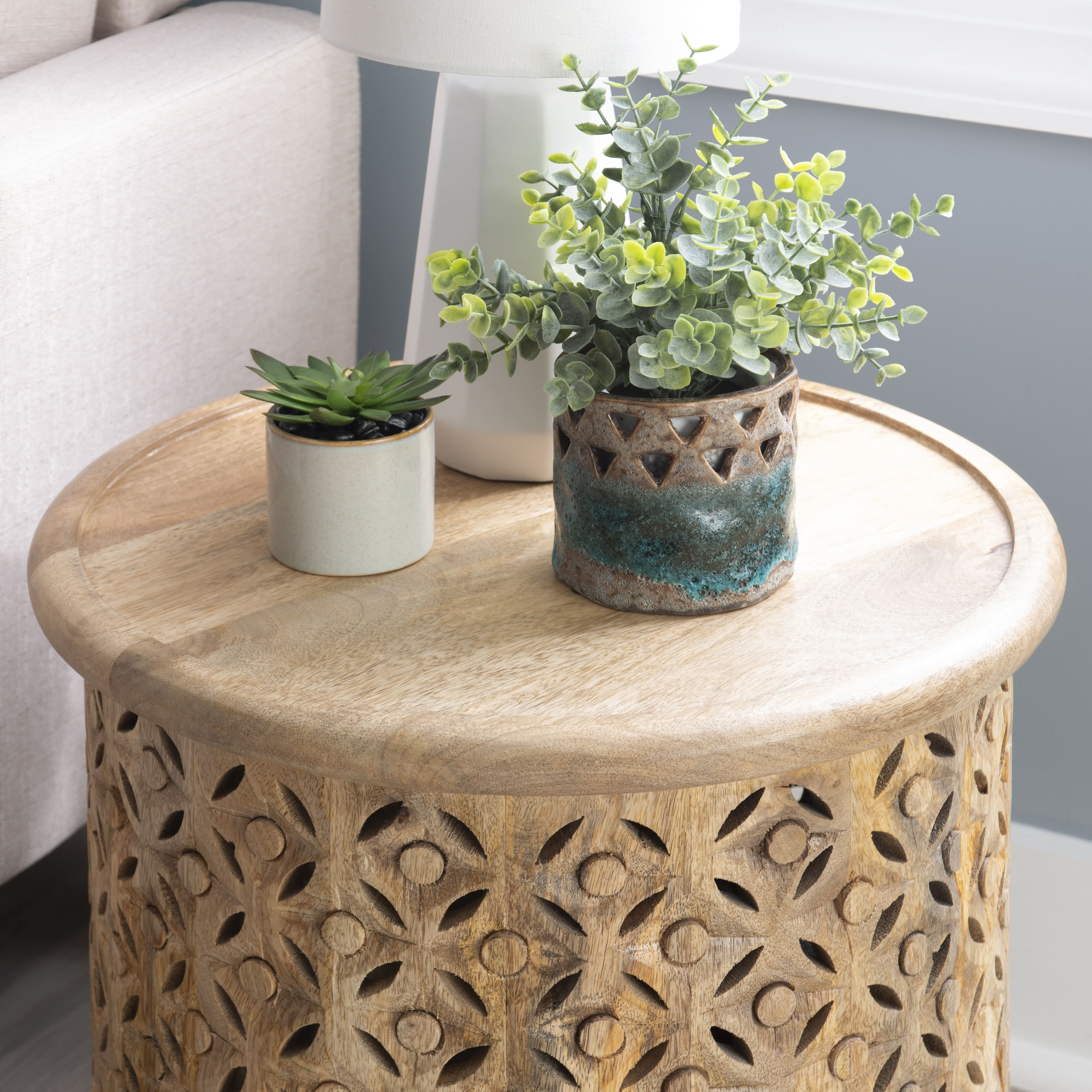 Powell Kacey Carved Wood Round Indoor End Table, 18" Tall, Natural