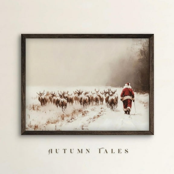 Vintage Santa Claus and Reindeer Winter Wall Art Print Christmas Farmhouse Holiday Decor Winter Forest in Snow, 16x24 UNFRAMED