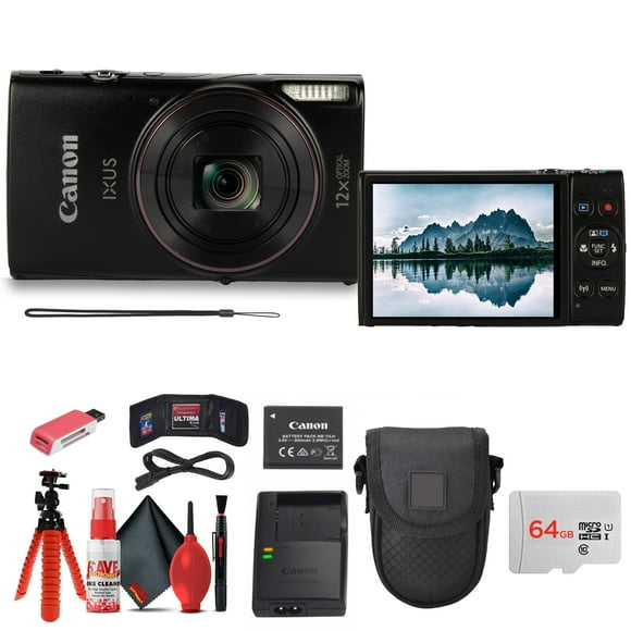 Canon PowerShot IXUS 285 HS Digital Camera 12x Zoom Black Bundle 64GB Card Kit (International Model)