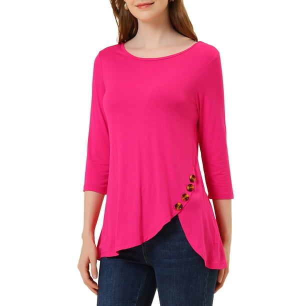 INSPIRAR CHIC Blusas de Mujer Cuello Redondo Manga 3/4 Decoración de Botones Dobladillo Irregular Estilo Casual 3XL Rosa Fucsia