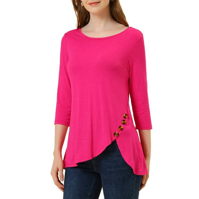 INSPIRE CHIC Hauts pour Femmes Col Rond Manches 3/4 Décor Boutons Ourlet Irrégulier Blouse Style Décontracté TG Rose Vif
