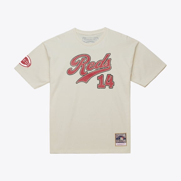 Men's Mitchell & Ness Pete Rose Cream Cincinnati Reds Cooperstown Collection Throwback Name & Number T-Shirt