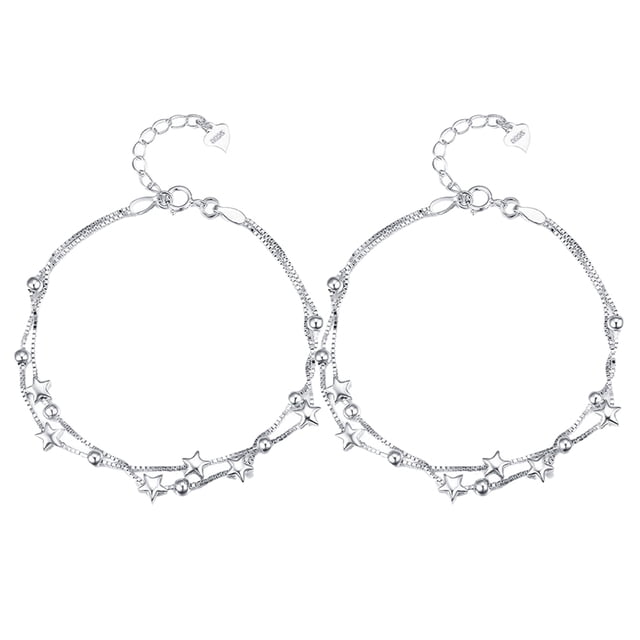 Pulsera de estrella de doble capa de 2 piezas, plata de ley 925, delicada joyería de cuentas apilables para adolescentes y mujeres, longitud ajustable