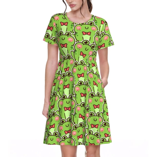 Balery Cute Green Frog Vestidos sueltos de manga corta para mujer, vestidos de verano 2025, vestidos casuales de corte A con vuelo.