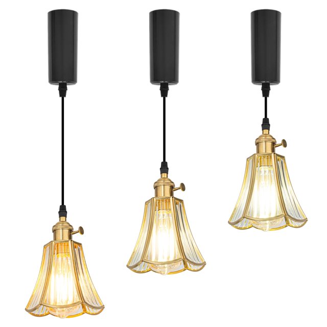 FSLiving Mini Adjustable Height Halo Track Light Pendants, 3.2 Ft Cord, H-Type Track Mount Retro Clear Water Ripple Glass Shade Antique Brass Socket for Kitchen Island, Sloped Vaulted Ceiling