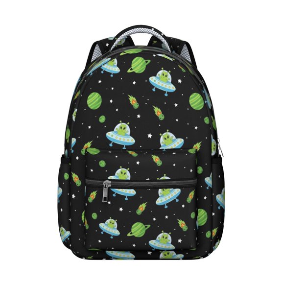 Alien UFO Black Pattern Backpack for School, Cute School Bag with Adjustable Shoulder Straps and Padded Back, 15.3"x11"x7.1"
