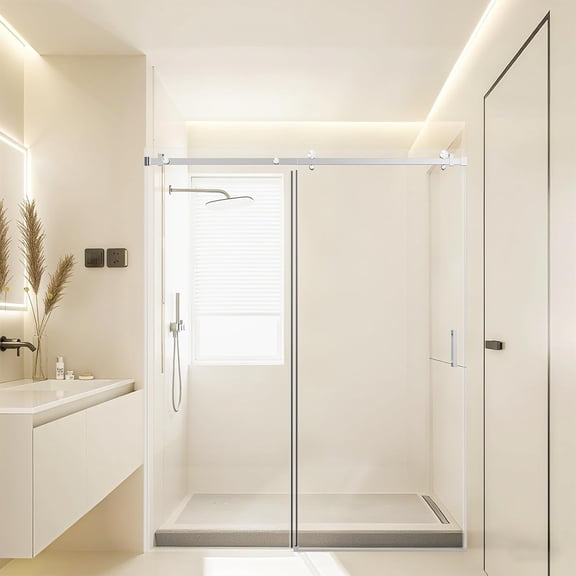Kaisneo Silver Tempered Frameless Single Sliding Shower Door, 60 in x 74 in, 0.32 in Thick