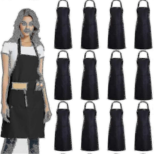 12 Pack Plain Bib Aprons With 2 Pockets - Black Unisex Commercial Apron Bulk