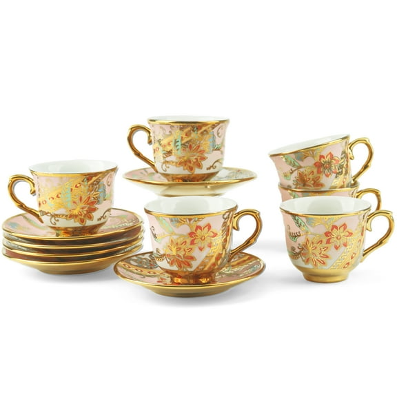 6-Piece Tea Cup and Saucer Set, Round Mouth Non-Slip Base, Elegant Patterned Tea Set for Flower Tea, Coffee & Tea Bags, Dishwasher & Microwave Safe
