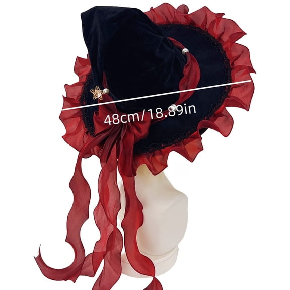Gothic Witch Hat with Lace Ruffled Bow – Handmade Wide Brim Wizard Hat with Pearl & Star Pendant, Halloween Costume Accessory for Cosplay Carnival Party