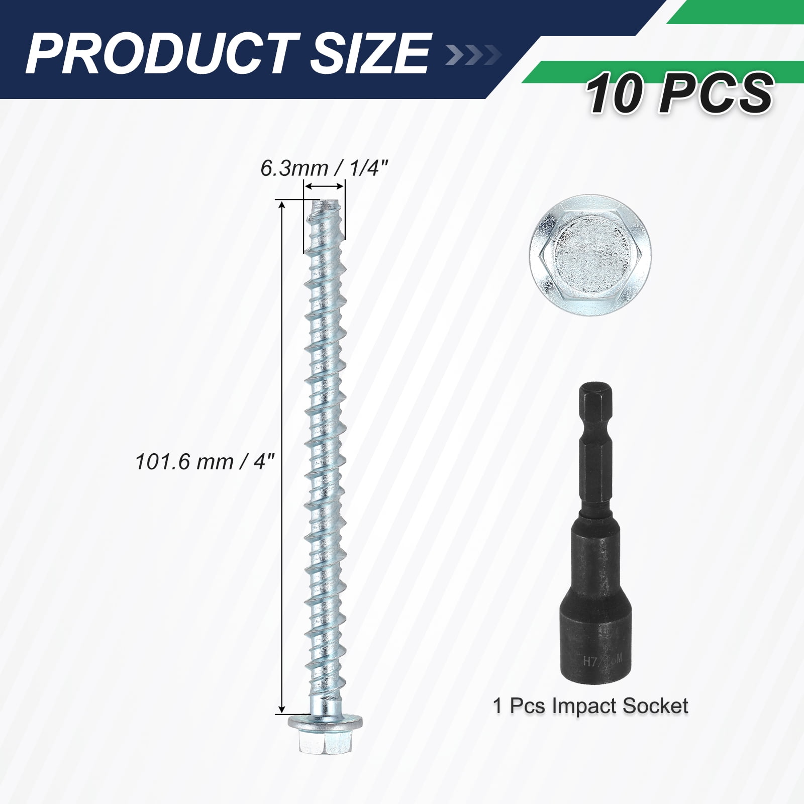 Uxcell 10 Set Concrete Screws and Impact Socket, 1/4"x4" Galvanized Hexagonal Flange Concrete Self-Tapping Screw with Impact Socket for Concrete Brick Block Stucco Wall, Blue White
