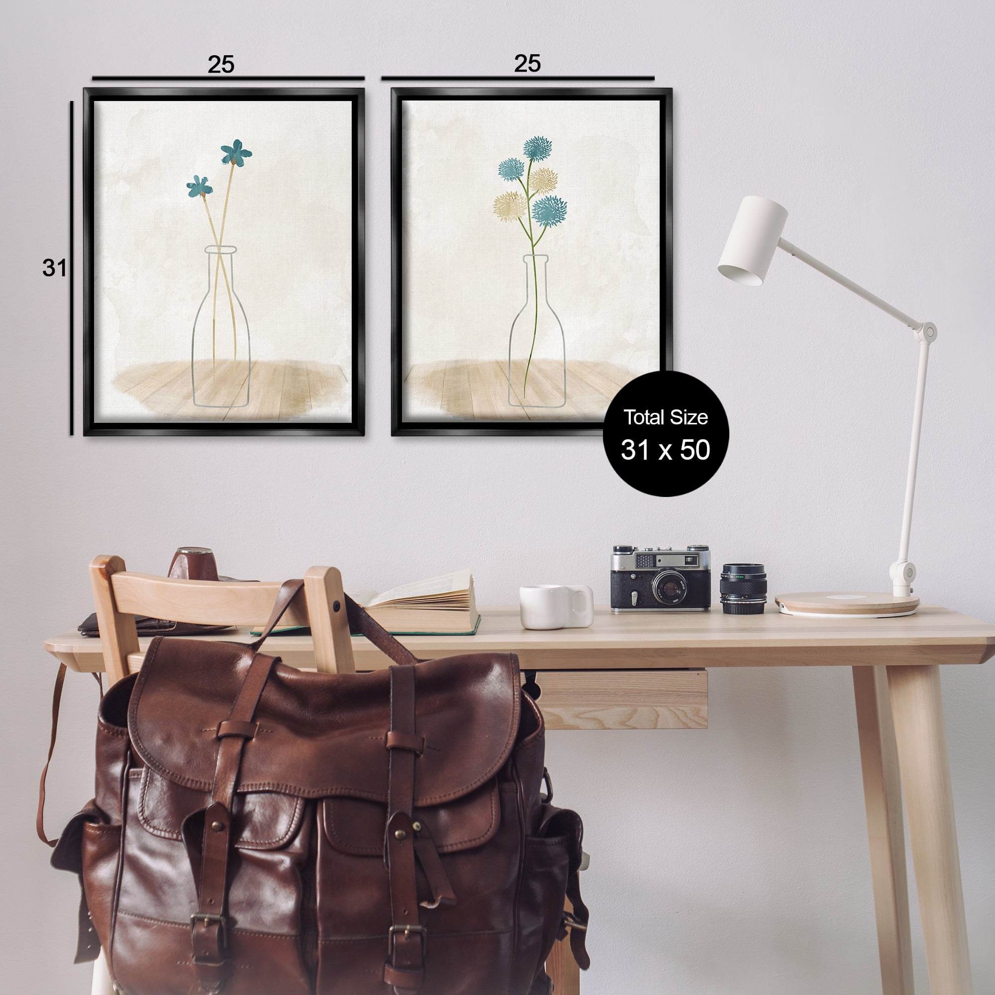 Stupell Industries Simple Flower Sprigs Clear Vase Plants & Flowers Painting Black Floater Framed Canvas Art Print Wall Art, 31 x 25, Set of 2