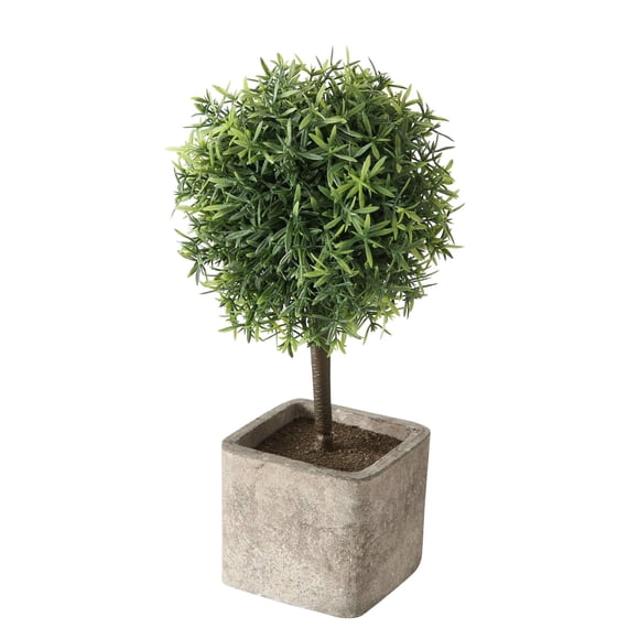 WHW Whole House Worlds Realistic Faux Potted Grassy Ball Topiary Tree, Gray Stone Finished Planter, 10.25 Inches Tall