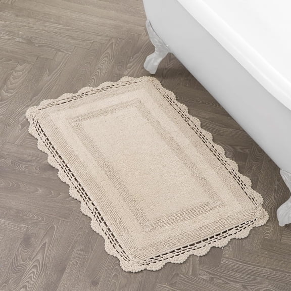 Absorbent Bath Mat Reversible Crochet Soft and Plush Bathroom Mat 100% Cotton 21x34 Bath Rug, Linen
