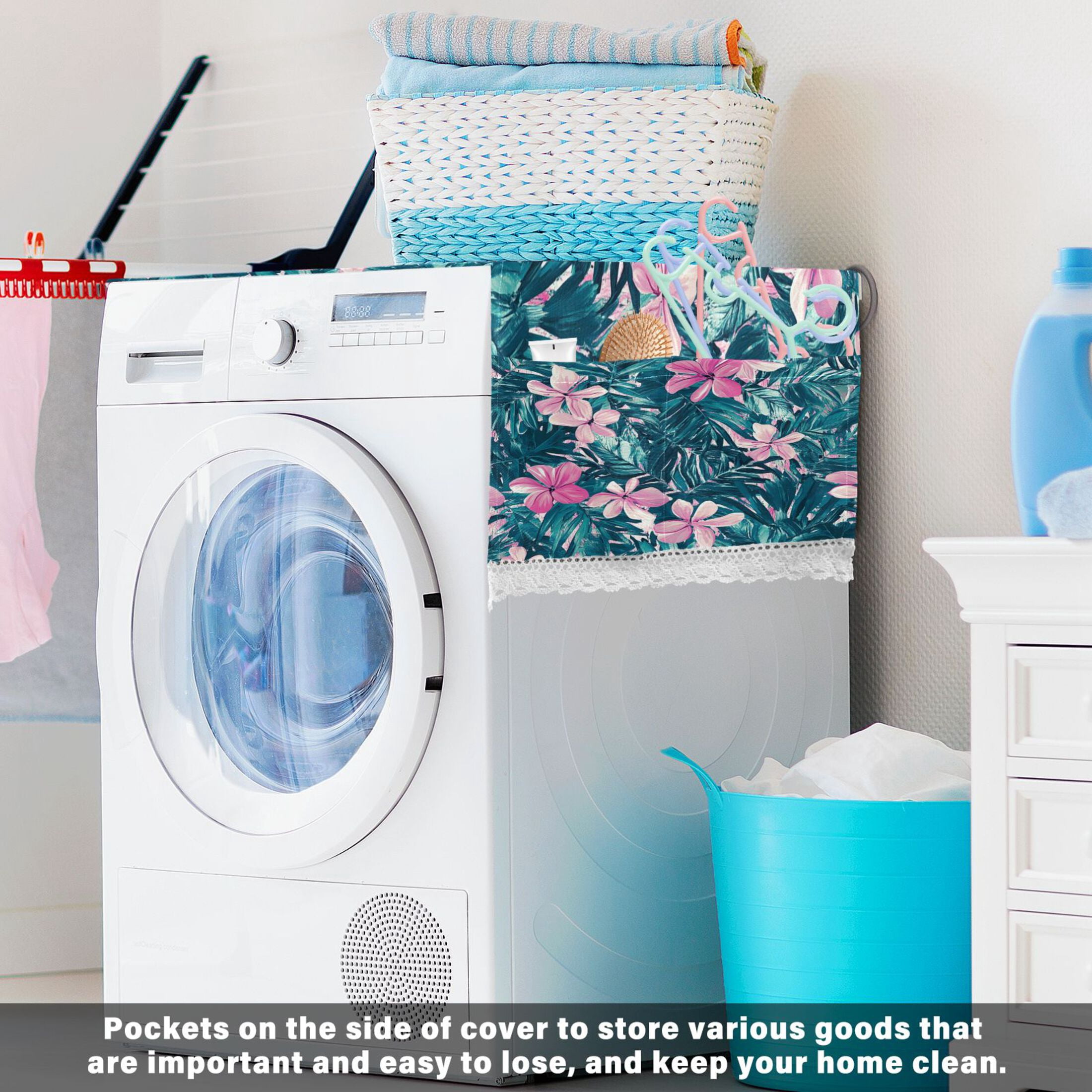 Pink FlowerWasher and Dryer Covers Dust-Proof and Oil Resistant Fridge Cover with 4 Storage Pockets Washing Machine Top Cover for Laundry Kitchen Home 51.2 x 22 In