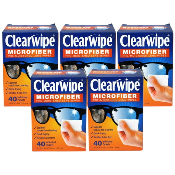 5 Pack - ClearWipe Microfiber Pre-Moistened Lens Wipes, 40 Individual Packets