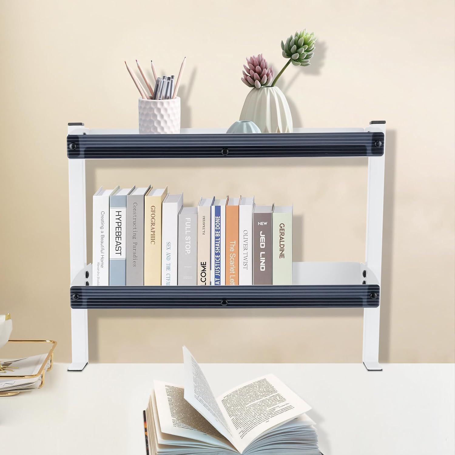 Clamp-on Desk Shelf, 2-Tier Carbon Steel Plastic Panel Clip-on Desk Organizer, Office Modern Countertop Shelf, Bedroom Living Room Thickness 1.7in Clamp-on Desk Shelf (White) MK3131-A1