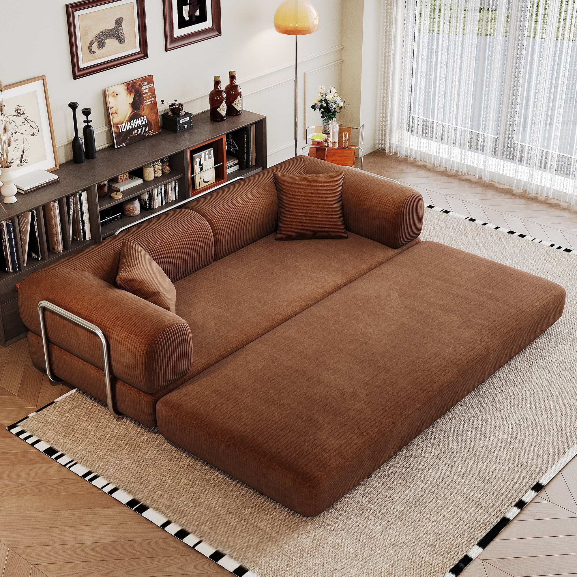 78.8" Convertible Corduroy Sofa Bed Pillow Back & Armrest Comfy Futon Sleeper for Living Room Bedroom Deep Brown