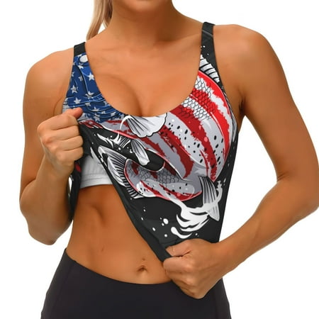 Qokaie Largemouth Bass Fish in USA Pattern Womens Scoop Neck Sports Bra Breathable Workout Vest Padded U Back Medium Impact Fitness Gym Yoga Bra Workout Crop Top