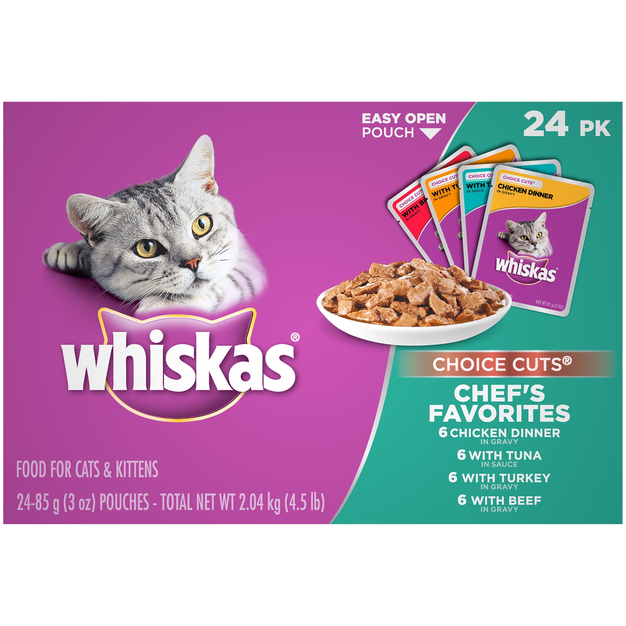 Bulk mentaal vuist WHISKAS CHOICE CUTS Chef's Favorites Variety Pack Wet Cat Food, (24) 3 oz.  Pouches - Walmart.com