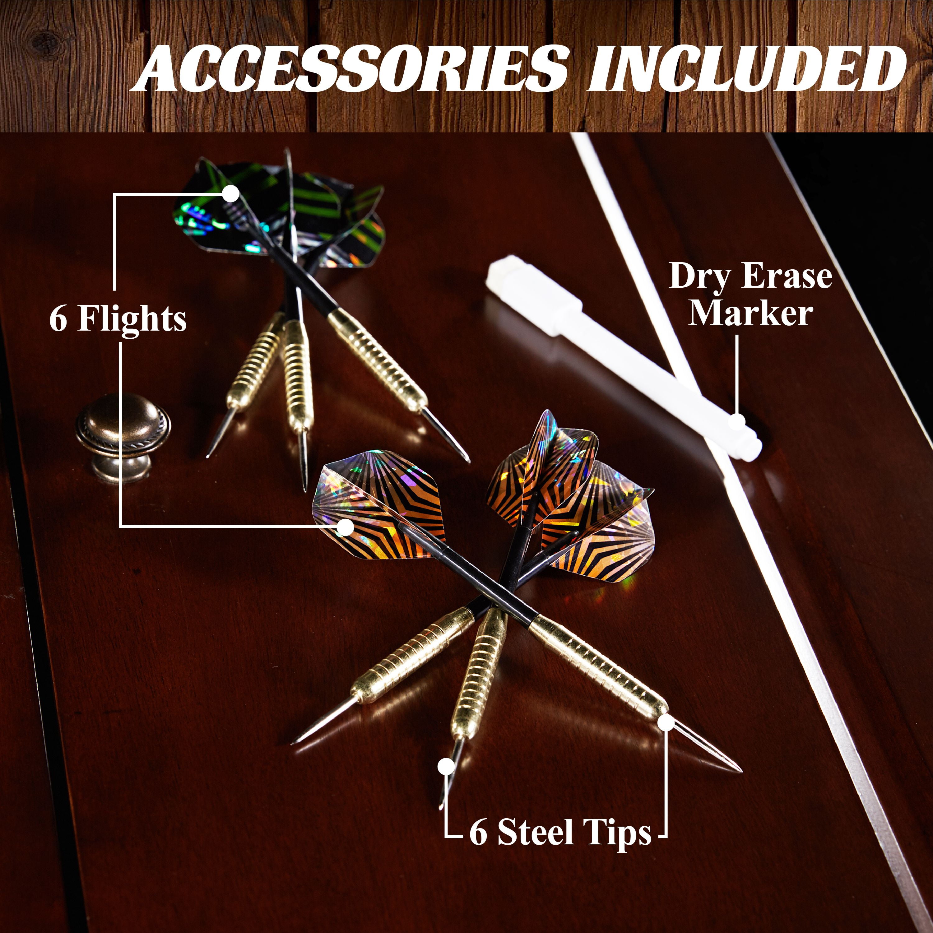 Chatham Wood Dartboard Cabinet with 18” Bristle Dartboard and Steel Tip Dart Set by Barrington Billiards