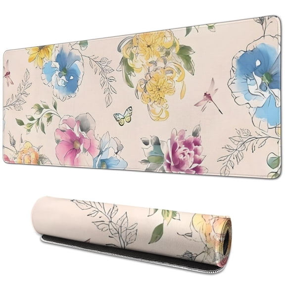 Long Mouse Pads for Desk,Pioneer Flower Floral Print Pattern Desk Mats on Top Of Desks, Desk Mouse Pad Extra Large with 3mm Non-Slip Base and Stitched Edge for Gaming,Office,Work,Home 31.5"x11.8"