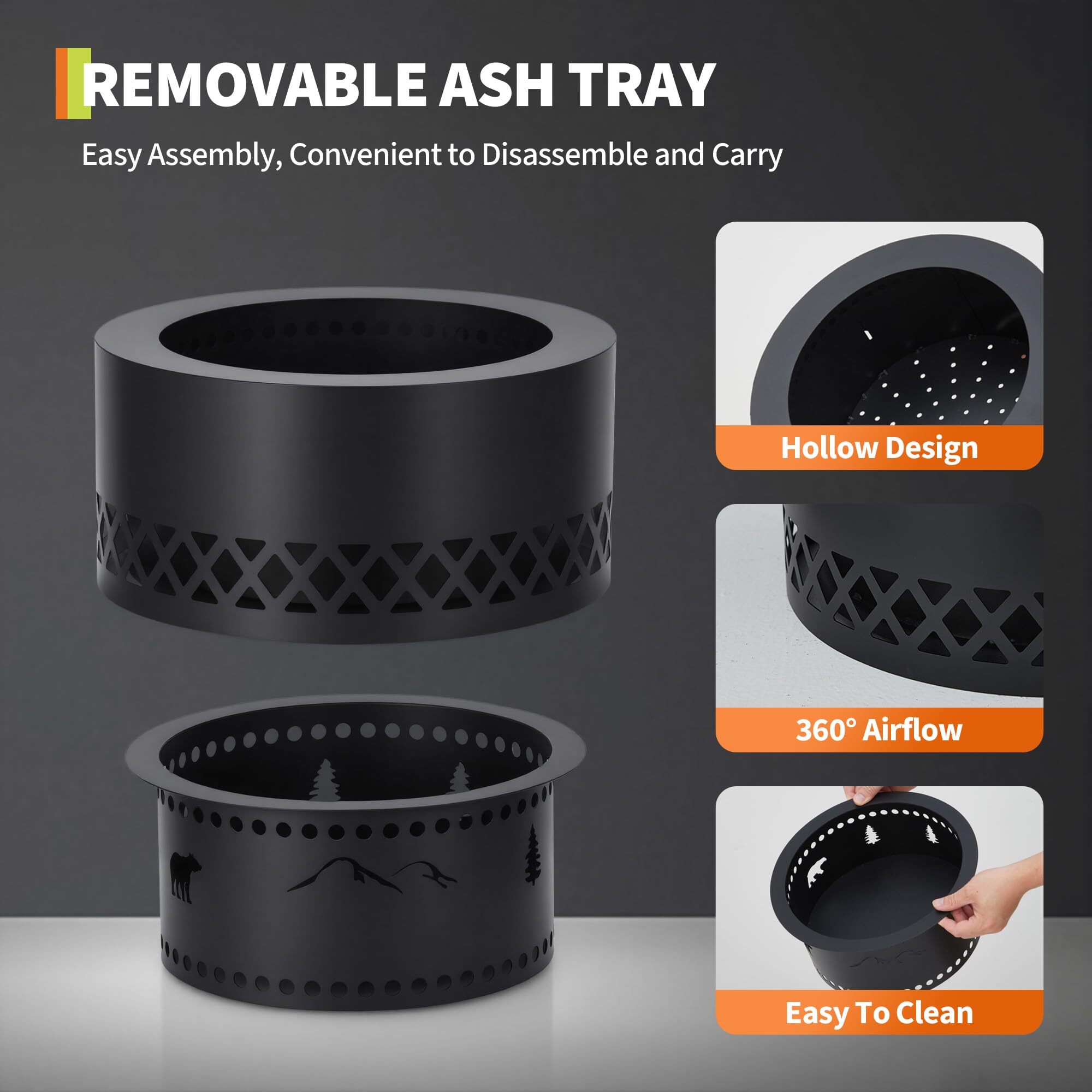 Garvee Wood Burning Fire Pit, 19" Smokeless Fire Pits with Removable Ash Pan for Outdoor, Black
