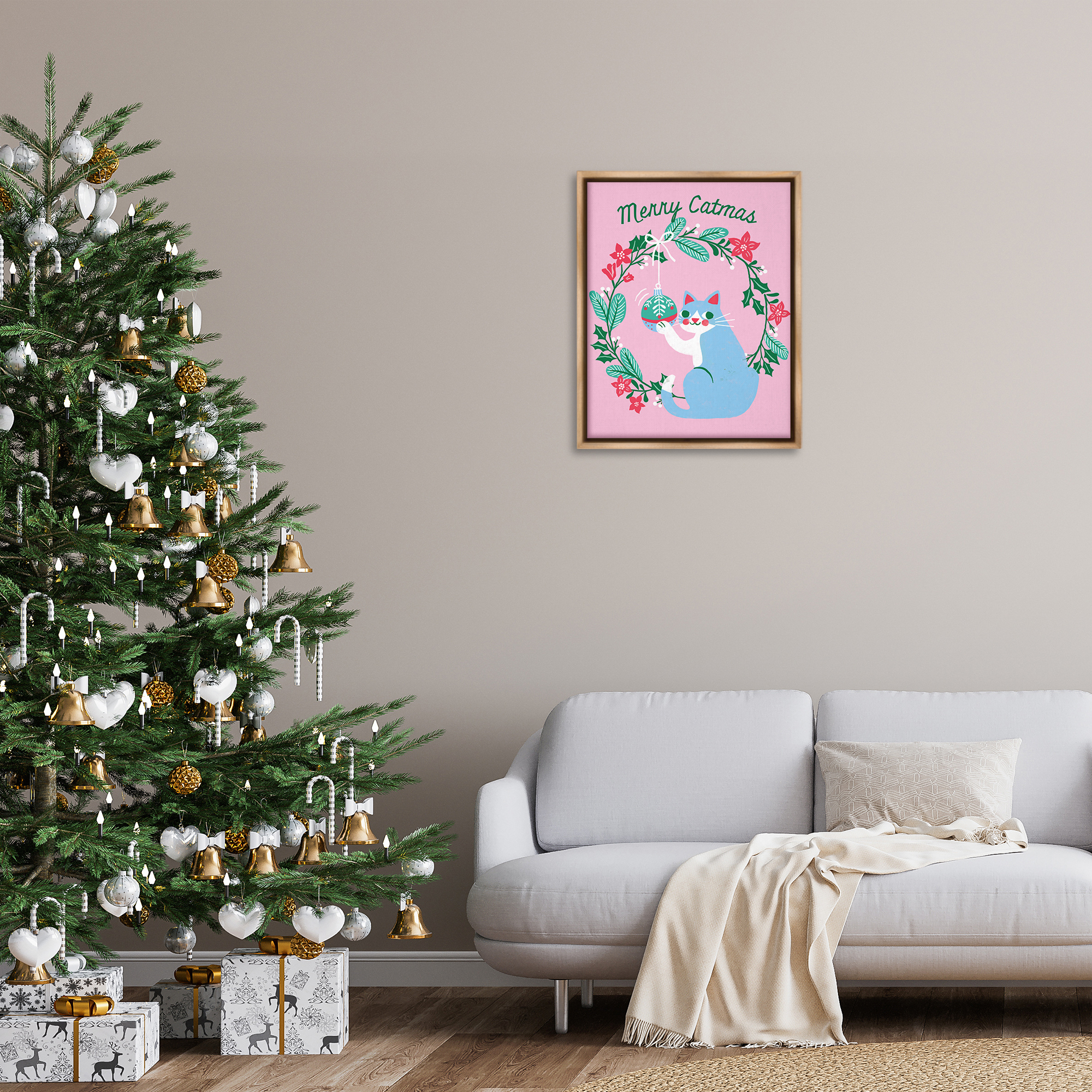 Stupell Industries Merry Christmas Pink Cat Holiday Painting Brown Floater Framed Canvas Art Prints Wall Art, 25 x 31