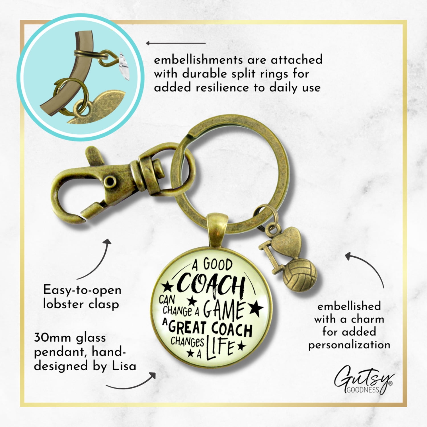 Volleyball Coaching Sport Gutsy Goodness Bronze Keychain Great Coach Changes Life Thank You Gift