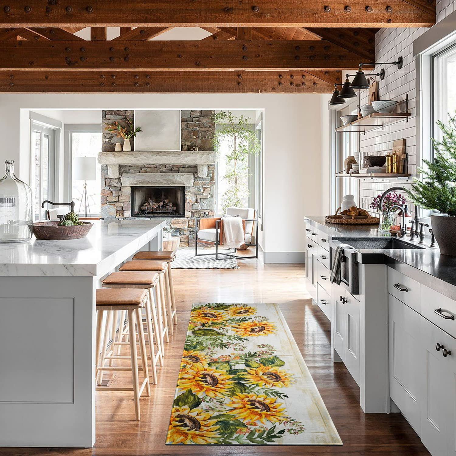 Sunflower Farmhouse Kitchen Rugs Set 2 Piece Colorful Fall Flowers Decorative Rug for Kitchen Low-Profile Floor Mats Decorations for Home Kitchen (17"x48"+17"x24")