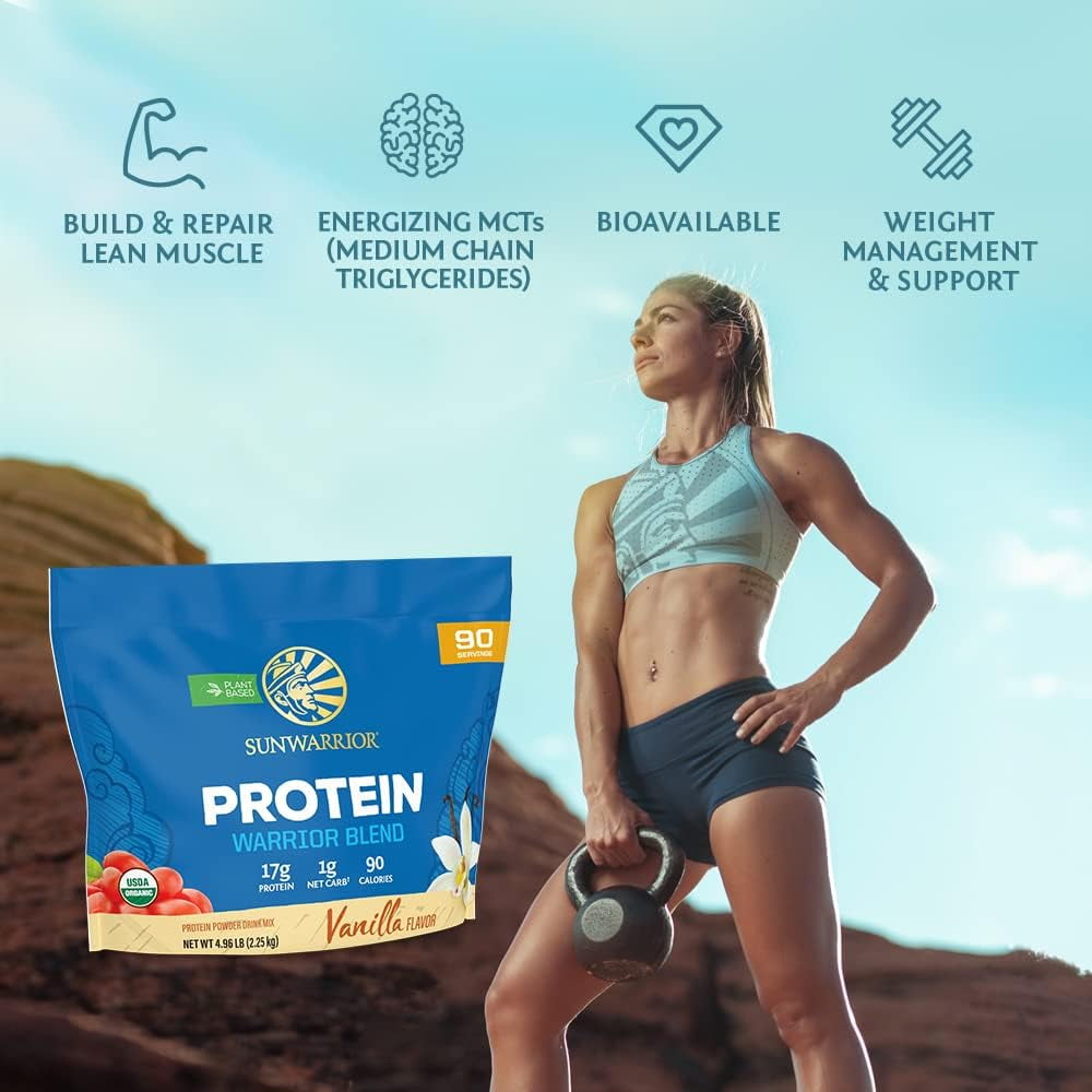 Sunwarrior Warrior Blend Vegan Protein Powder with BCAA Amino Acids, Vanilla, 4.96 Lbs (90 Servings)