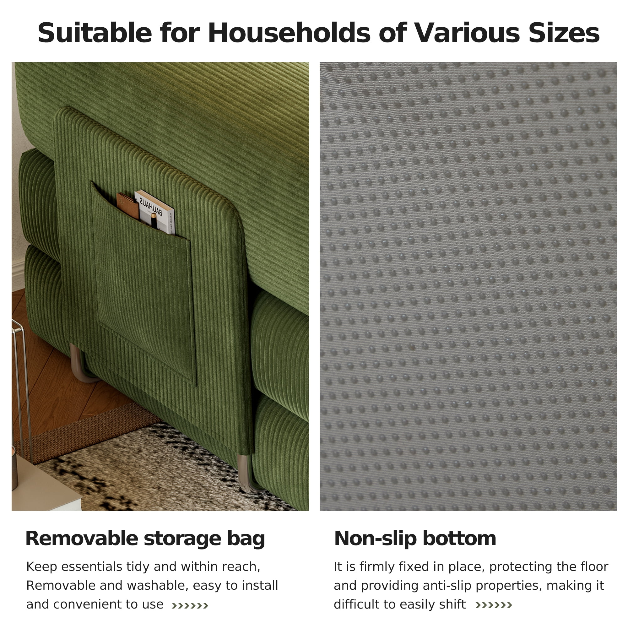 GARITIN Convertible Sleeper Sofa Bed 79 Inch, 5 in 1 Chenille Floor Sofa with High Density Foam and Side Pockets for Living Room, Green