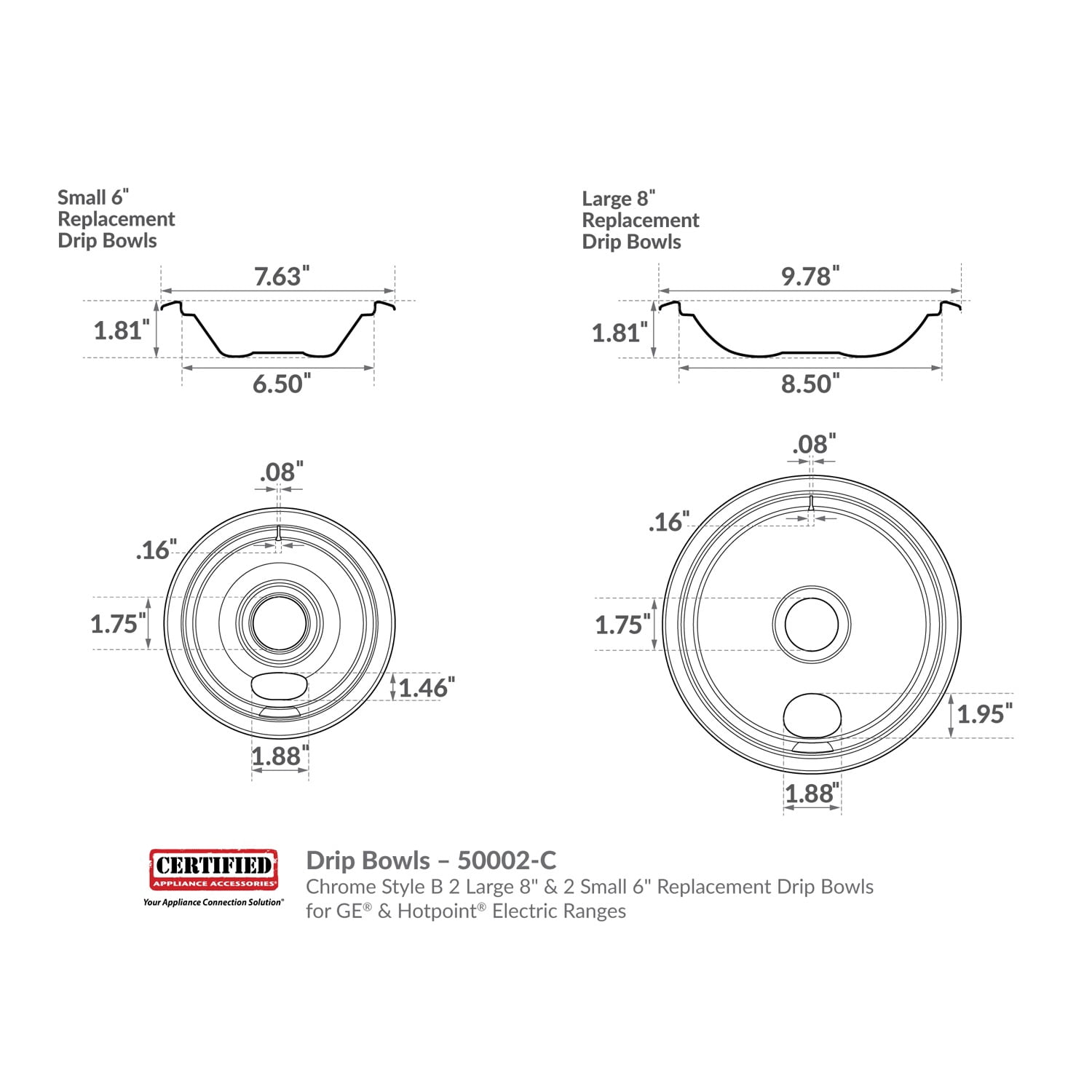 Certified Appliance Accessories 50002-C Chrome Style B 2 Large 8" and 2 Small 6" Replacement Drip Bowls For Ge and Hotpoint Electric Ranges
