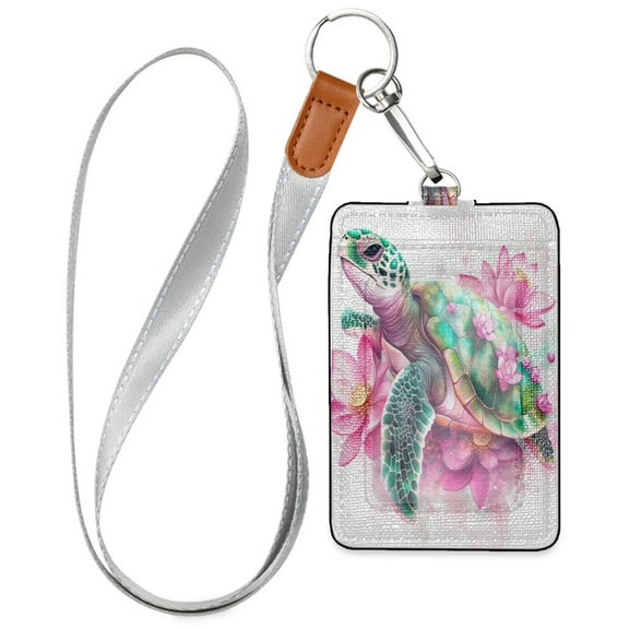 PU Leather ID Badge Holder Stylish Badge Holders with Lanyard (4.3x2.8x0.3in) for Cards & Credentials Cute Cartoon Sea Turtle