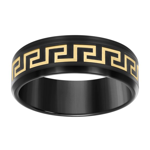 Stainless Steel Men's Comfort Fit Black & Gold Greek Key Inlay Beveled Edge 8mm Wedding Band | Size 9